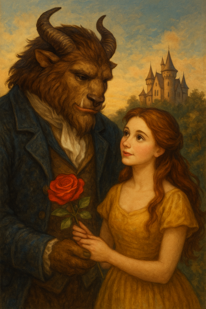 Illustration from The Enchanted Rose: A Tale of Beauty and the Beast showing Beauty and the Beast standing together in a magical rose garden, holding a glowing rose with a castle in the background.