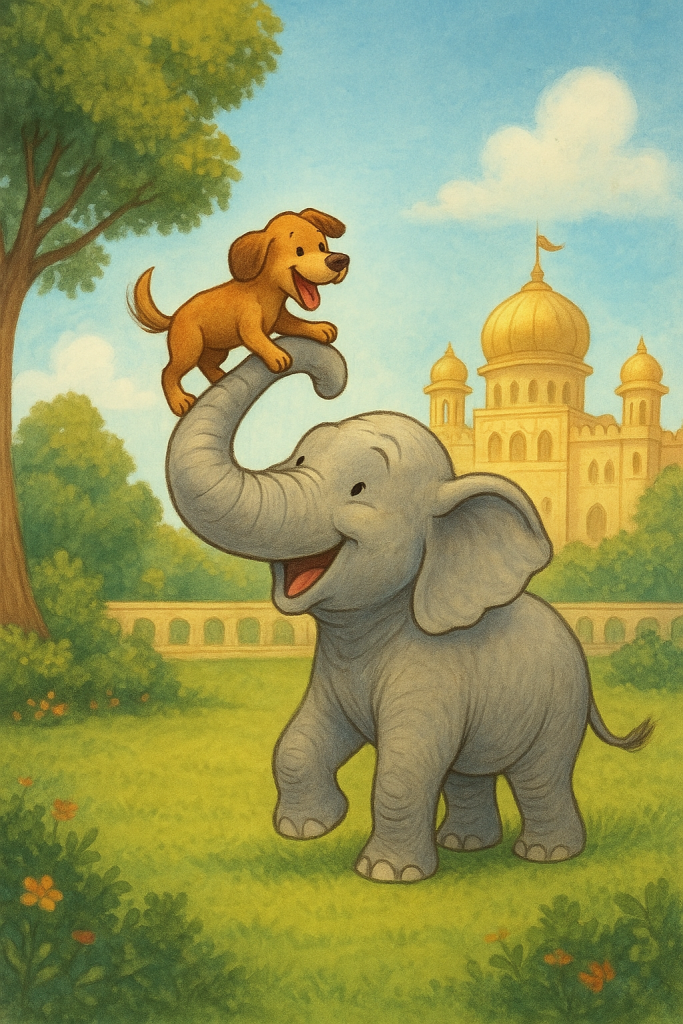 A Royal Friendship - An elephant lifting a small dog with his trunk in a royal palace garden, symbolizing their joyful friendship.