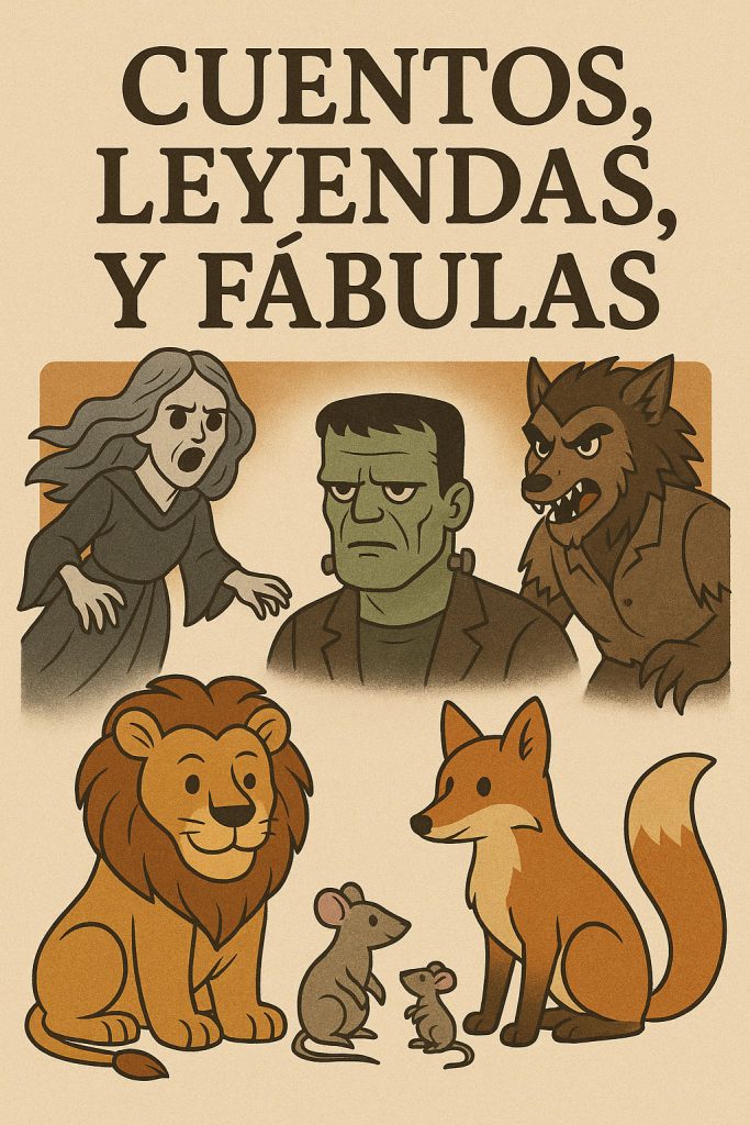 Cuentos, leyendas, y Fabulas - con ilustraciones de la Banshee, Frankenstein, Hombre Lobo, león, zorro y ratones, personajes de relatos llenos de misterio y enseñanza.
