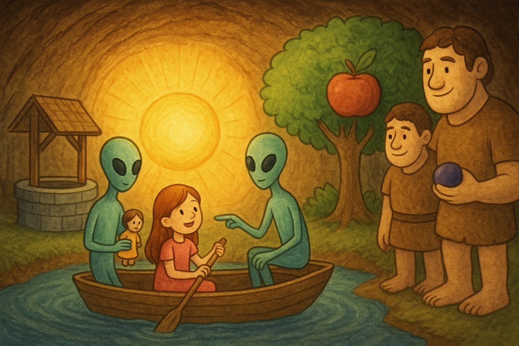 Illustration of Journey to Agartha: The Intraterrestrial Adventure, showing Lillian in a boat with two tall aliens, rowing toward a glowing underground sun with giants and a giant apple tree.
