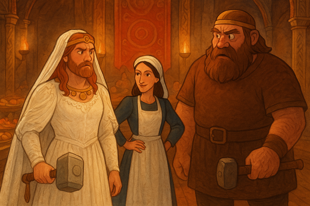 Thor and the Stolen Hammer - Illustration of Thor disguised as a bride with Loki as his maid, standing before the giant king Thrym during the wedding feast in Norse mythology.