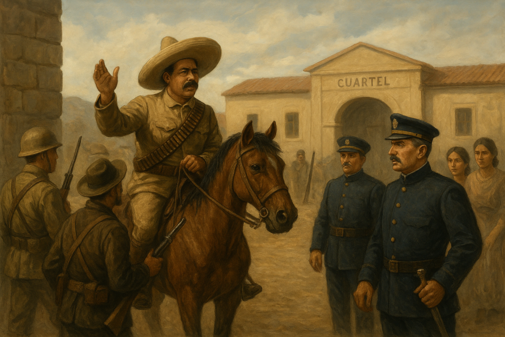 El Armisticio - Obra de Teatro sobre La Revolucion Mexicana - Pancho Villa montado a caballo frente al cuartel en Sabinas, Coahuila, negociando con soldados durante la Revolución Mexicana