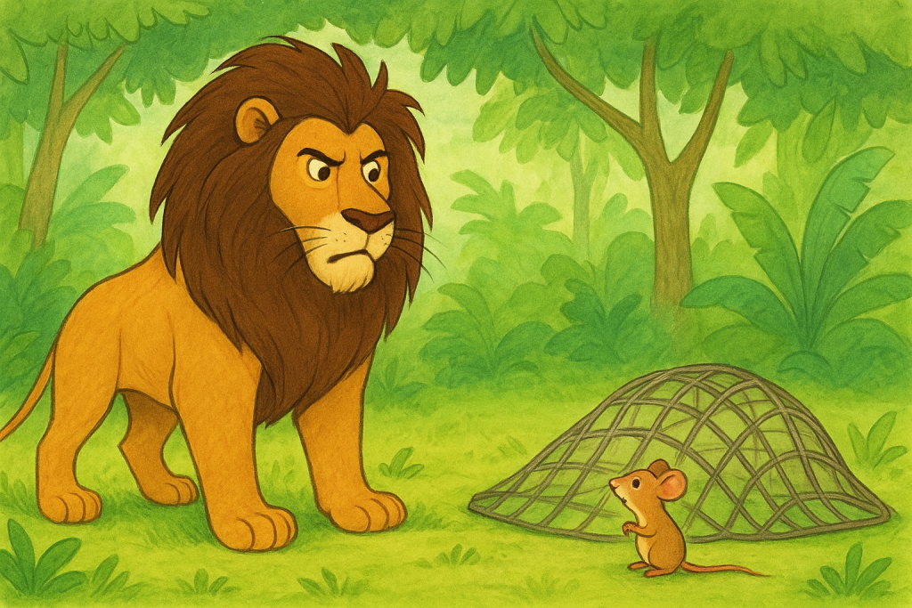 The Mouse Who Saved The Lion - A hand-drawn style illustration of a mighty lion resting on the grass while a small mouse stands beside him in a lush jungle, symbolizing their unlikely friendship.