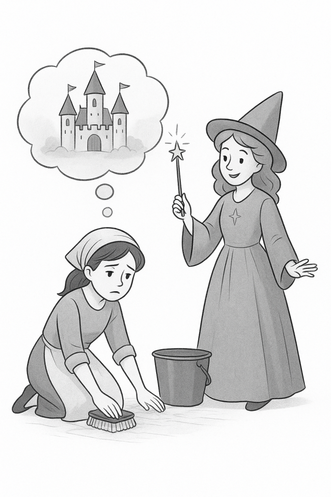 Illustration of Foon, the Dusty Maid, standing with her Fairy Godmother while dreaming of a better life.
