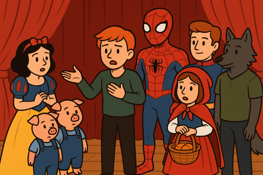 Scene from Once Upon a Mix-Up: Snow White, Little Red Riding Hood, Spider-Man, and the Three Little Pigs crowd around a frustrated Narrator on stage in a colorful cartoon-style illustration.