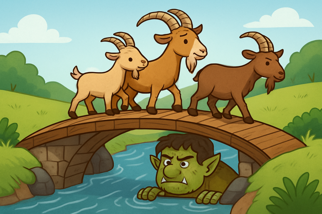 The Bridge Of The Three Brave Goats - Three cartoon billy goats cross a wooden bridge while a troll hides underneath, with a green meadow beyond.