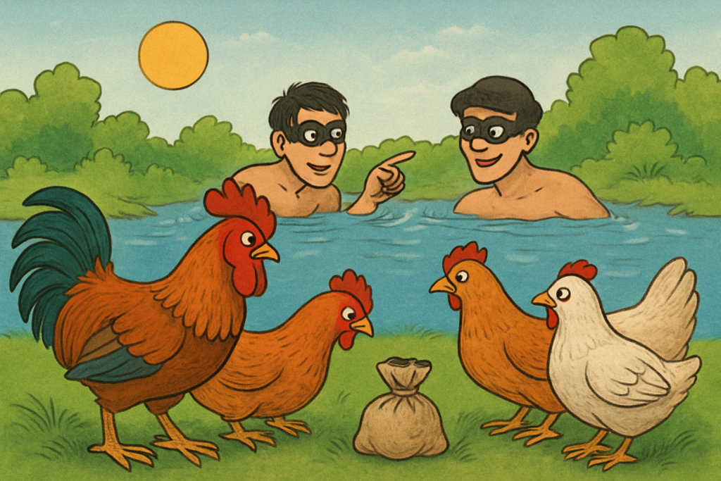 The Glitter That Wasn't Gold - Two roosters and two hens discover a small bag near a river while two thieves swim in the background.