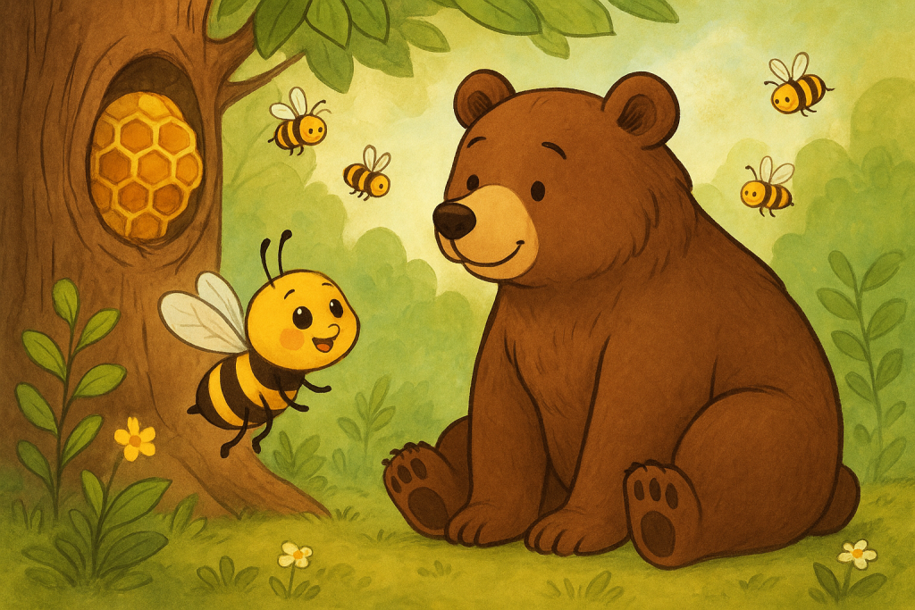 El Oso y la Abejita Valiente frente a la colmena en el bosque, rodeados de abejas que muestran amistad y respeto.