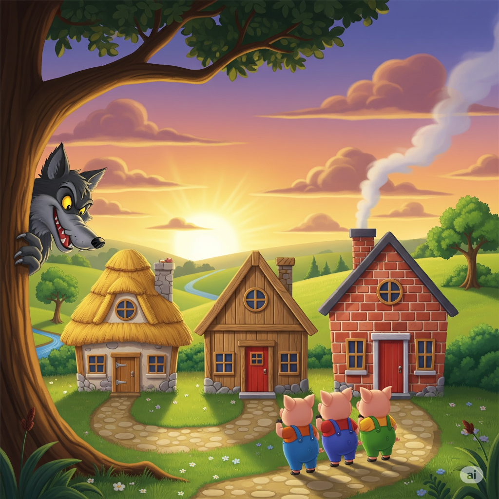 Three Little Pigs and The Big Bad Wolf - The three pigs stand in front of their straw, wood, and brick houses while the Big Bad Wolf watches them from behind a tree