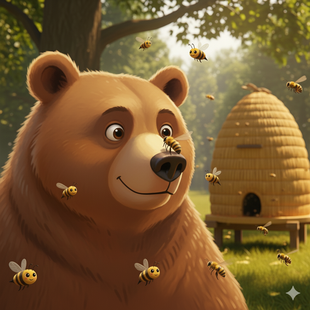 Illustration of a bear near a hive with bees flying around and a Little Bee protecting him — scene from the play The Bear and the Bees: A Lesson in Friendship.