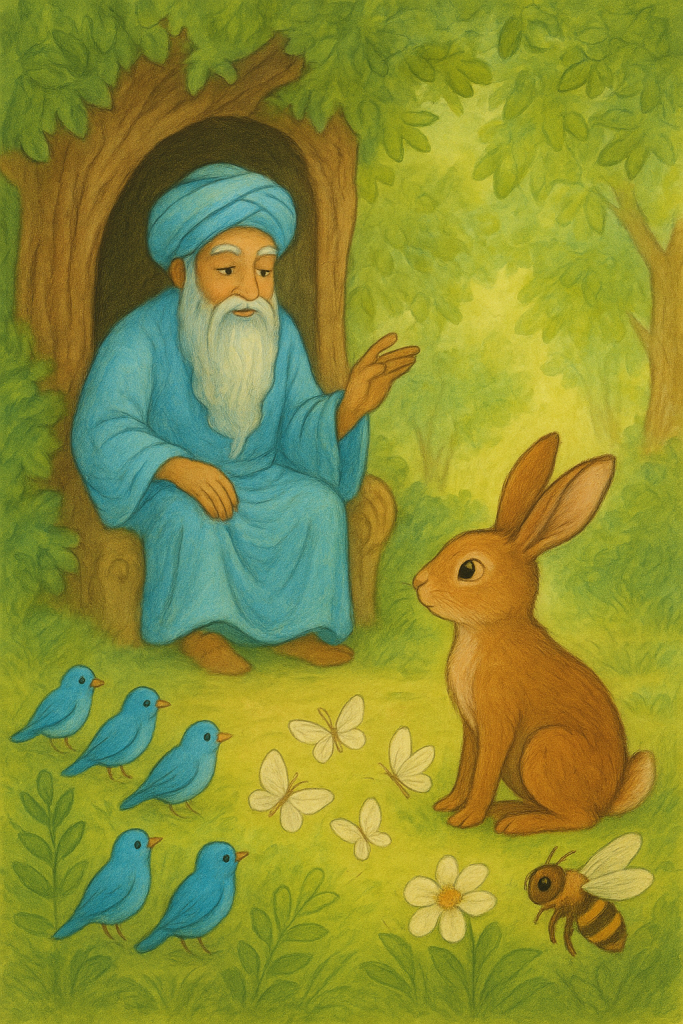 Ilustración de un bosque mágico donde el Gran Genio de barba blanca habla con una liebre, rodeados de cinco pájaros azules, cinco mariposas blancas y una abeja.