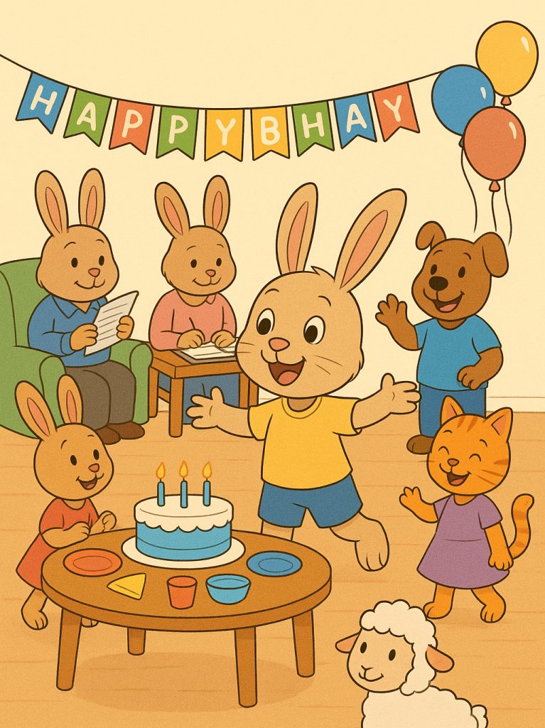 Scene from the play Let’s Play, where Roland Rabbit is surprised by his family and friends at a cheerful birthday party with balloons, cake, and decorations.