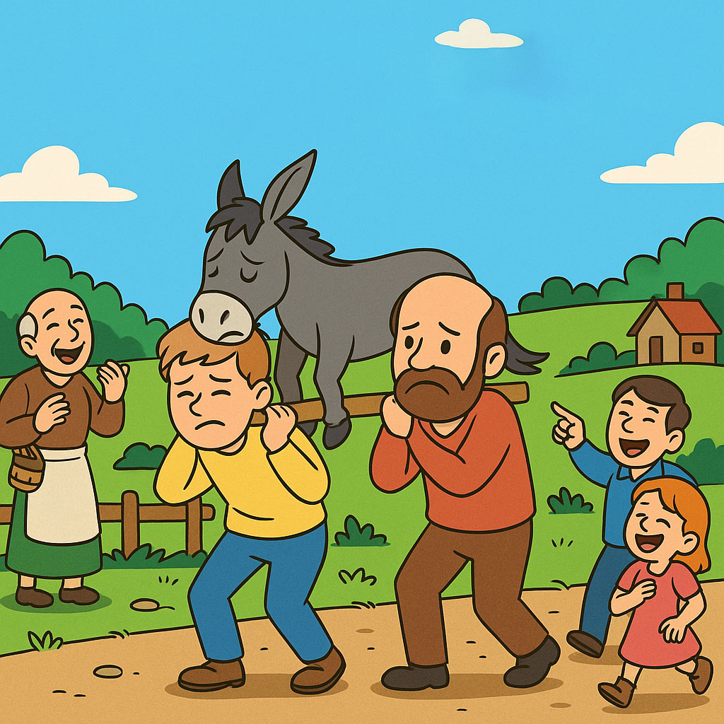 The Donkey and the Opinions of Others - Peter and his father struggle to carry their donkey as villagers laugh at them.