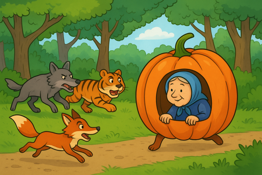 The Old Woman and the Runaway Pumpkin – a giant hollow pumpkin rolling through the forest, chased by a fox, wolf, tiger, and lion.