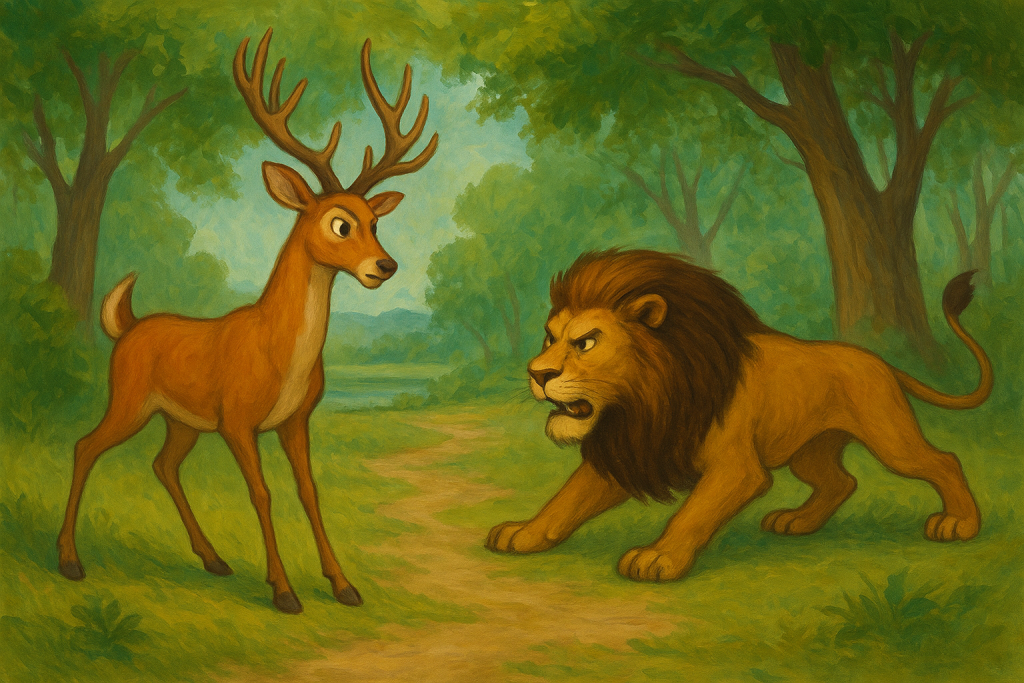 Illustration of a deer with large antlers facing a crouching lion in a green forest, capturing a tense moment from the fable The Deer’s Pride and the Lion’s Hunt.