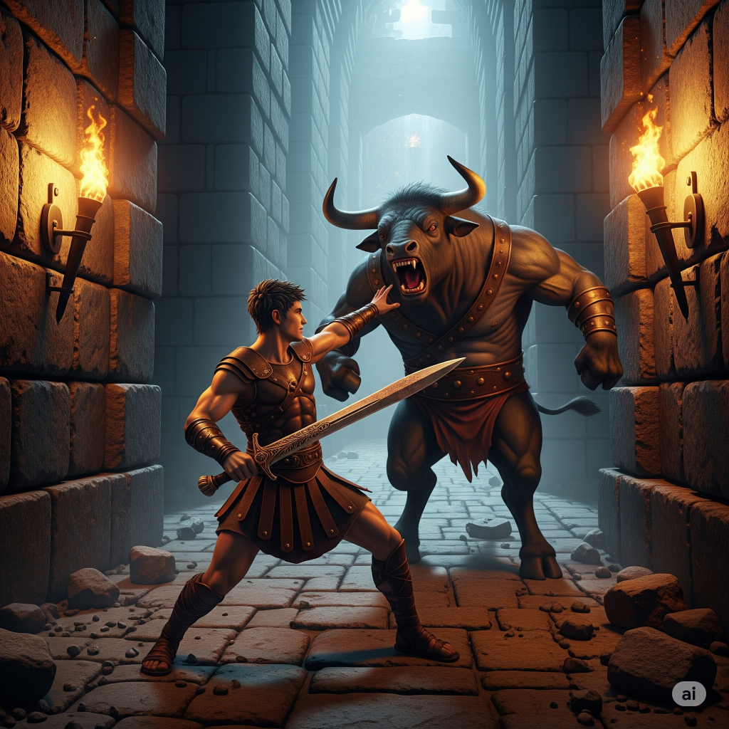 Theseus and the Labyrynth of the Minotaur - Illustration of Theseus battling the Minotaur inside a stone labyrinth, with both holding weapons as they clash in an intense fight.