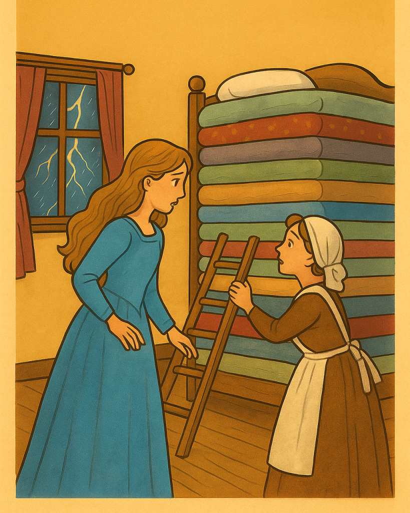 A Real Princess standing before a tall bed stacked with twenty mattresses, while a queen, prince, and maiden look on inside the palace.