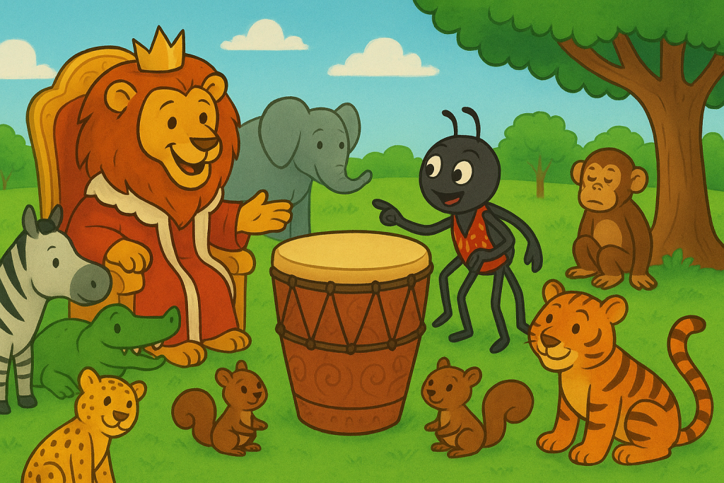 Anansi and the King's Drum - A colorful cartoon-style illustration of Anansi the spider trying to take the magical king’s drum in a vibrant African village setting.