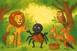 Illustration of Anansi and the Symphony of the Jungle showing Anansi the spider with a satchel, surrounded by a turtle, lion, antelope, owl, and bird in a lush jungle.