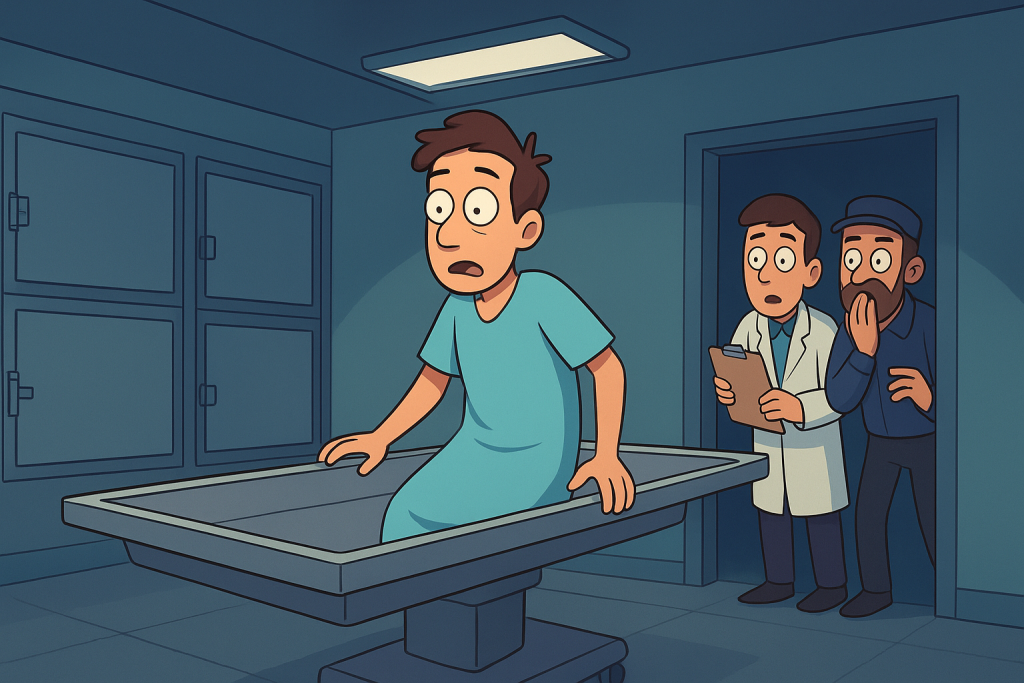 Awakening in the Morgue Illustration. A morgue scene where Kato, thought to be dead, awakens on a stretcher, startling the morgue staff.