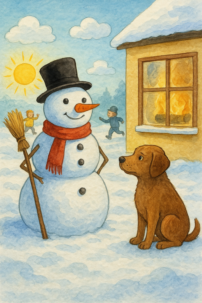The Snowman’s Secret Wish play script illustration showing a snowman with a broomstick, a dog, children playing, and a glowing stove in the window.