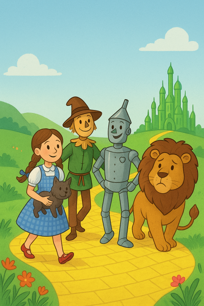 Dorothy and the Magical Land of Oz - Illustration of Dorothy holding Toto, walking with the Scarecrow, Tin Man, and Cowardly Lion along the Yellow Brick Road toward the Emerald City.