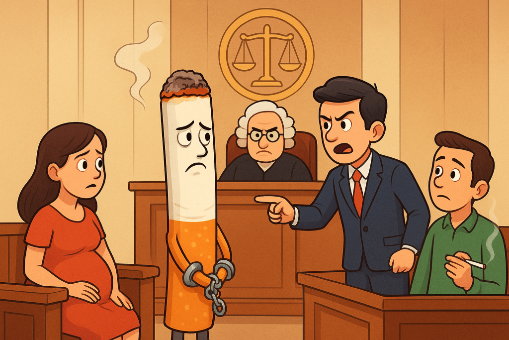 Ilustración de un tribunal simbólico donde el Señor Tabaco, representado como un cigarro con rostro humano, está siendo juzgado frente al juez y testigos.