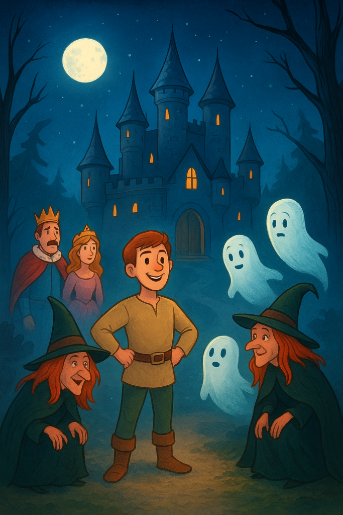 In this illustration of Fearless John and the Enchanted Castle, John stands bravely at the gates of the enchanted castle with ghosts, witches, the king, and princess in a magical fairy-tale scene.