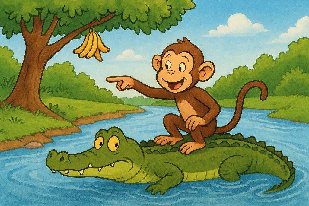Illustration of The Clever Monkey and the Foolish Crocodile play, showing a monkey tricking a crocodile by the river.