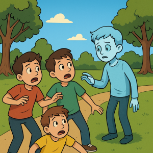 Illustration for The Cold Return of Tim showing three frightened boys in a park as their ghostly friend Tim appears, pale and cold.