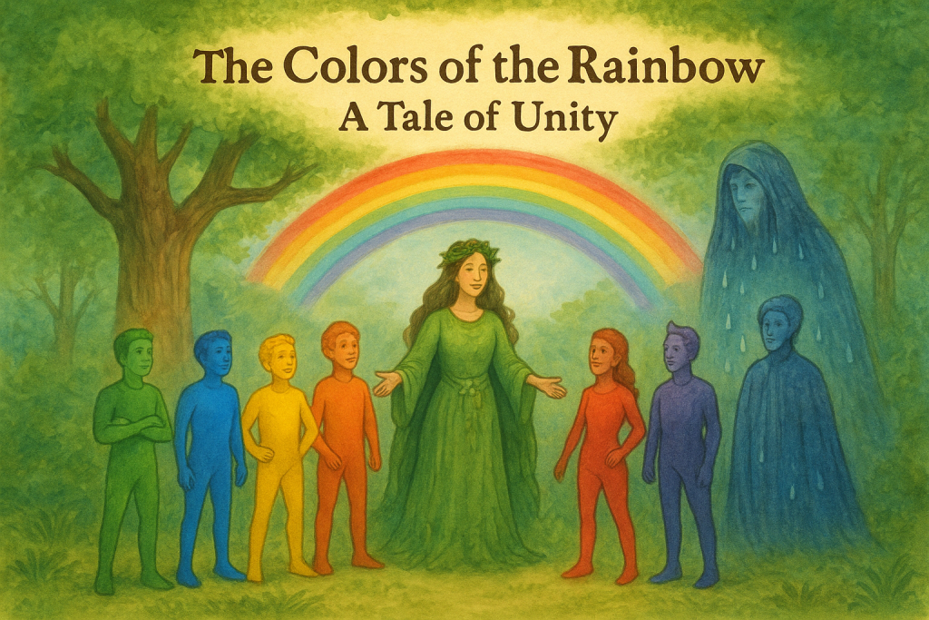 Illustration of The Colors of the Rainbow: A Tale of Unity. Mother Nature, Rain, and the seven colors forming a rainbow together in a magical forest.