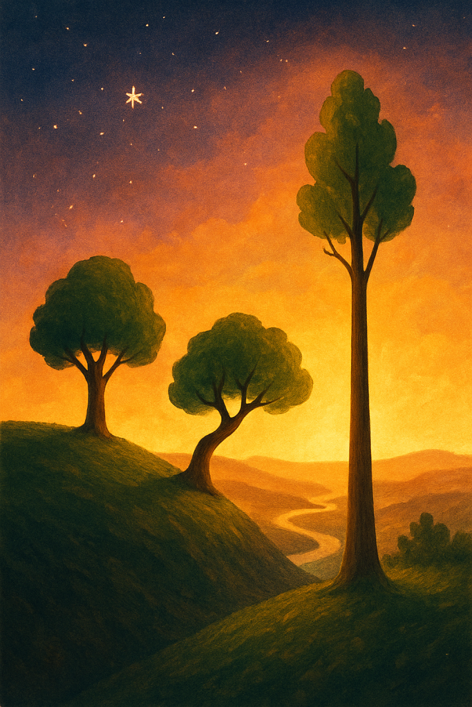 Illustration of The Dream of the Three Trees on a mountain top, each dreaming of their future—one gazing at the stars, another at a river, and the third reaching to the sky.