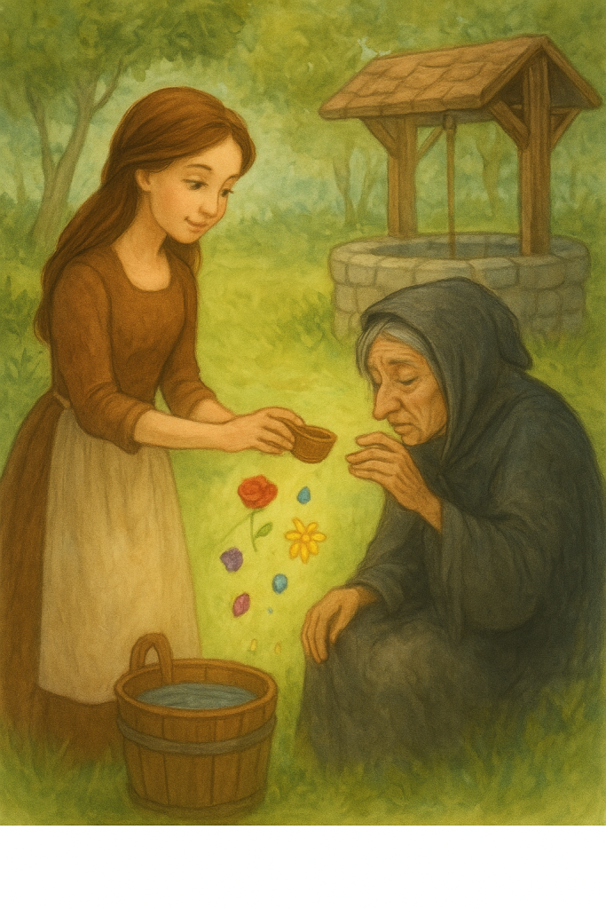 The Fairy's Reward illustration of  Lucy helping a disguised Fairy at the well and receiving a magical reward of jewels and flowers.