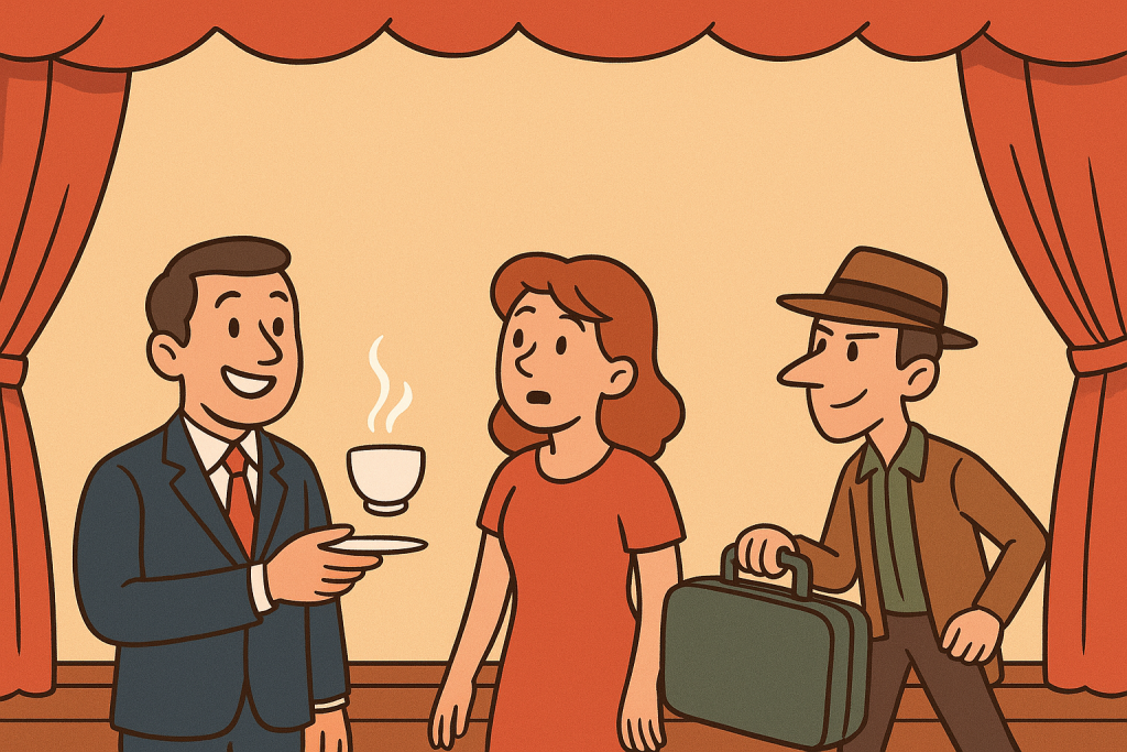 Cartoon-style illustration of The Forget Me Tea play: a hotel owner with a steaming teacup, his wife beside him, and a guest with a suitcase.