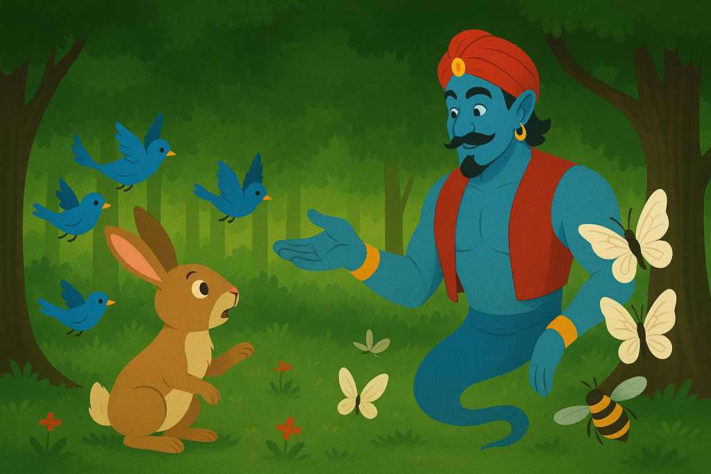 The Hare and the Forest Genie - A colorful children’s illustration of a hare sitting in a forest, looking at a friendly blue genie surrounded by blue birds, white butterflies, and a buzzing bee.
