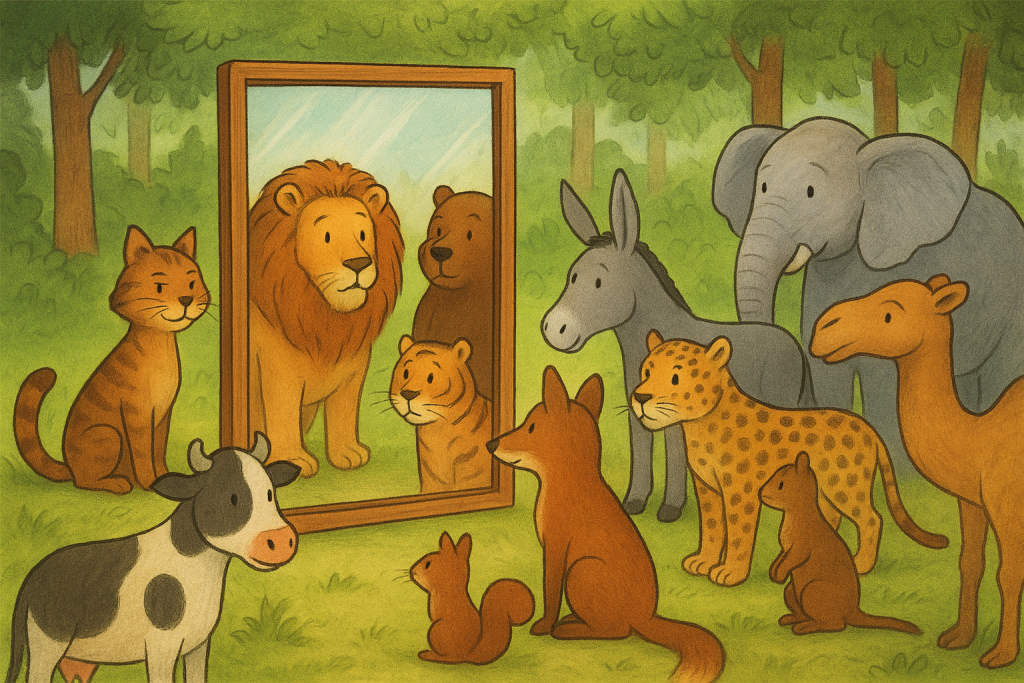 Illustration of animals looking into a mirror in the forest, each seeing only themselves, from the play script The Mirror of Vanity, by Kidsinco.