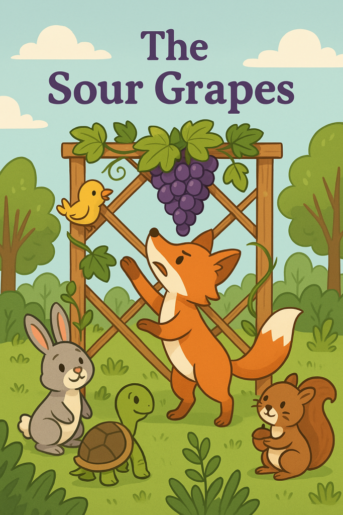 Illustration of The Sour Grapes Kidsinco play script: a fox jumping to reach purple grapes on a vine, with bird, rabbit, and squirrel watching in a forest setting.