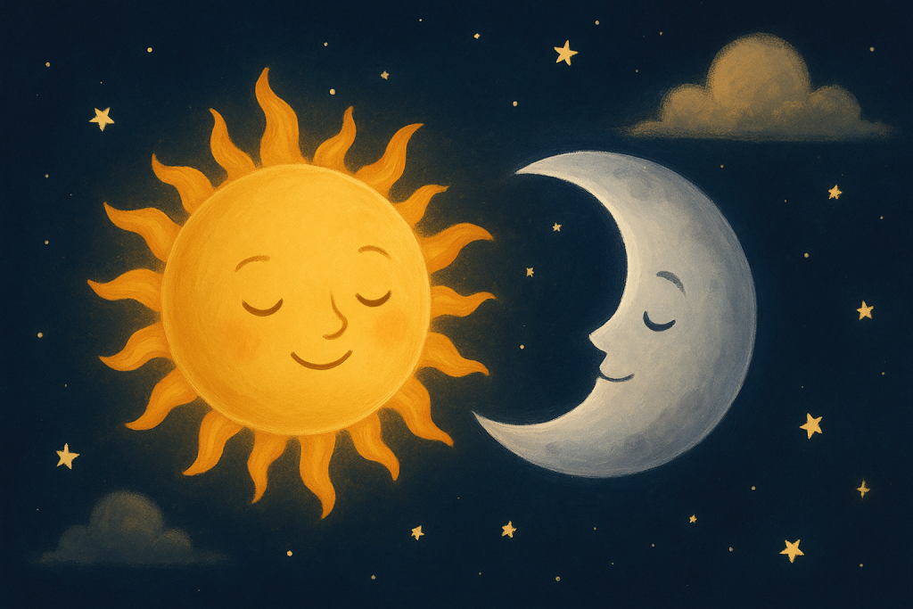 Illustration of The Sun and the Moon’s Incredible Love, showing the Sun and the Moon meeting during a solar eclipse with stars in the background.
