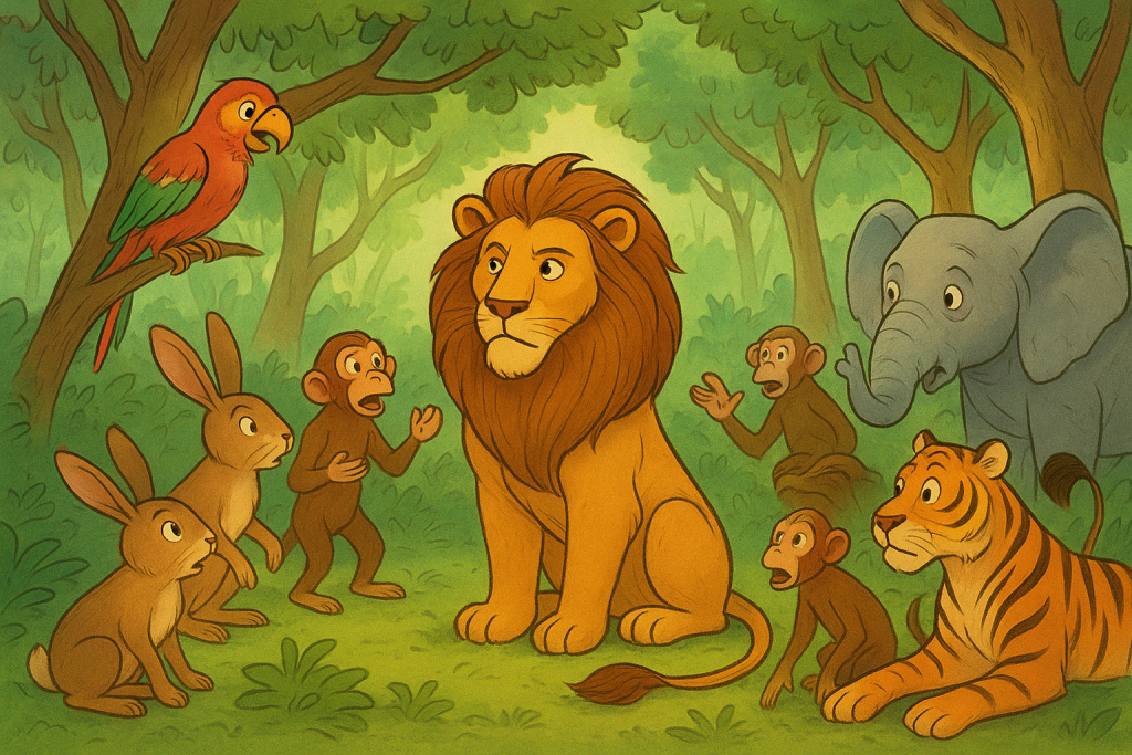 The Whispers of the Woods – Lion and forest animals in a whimsical enchanted forest play.