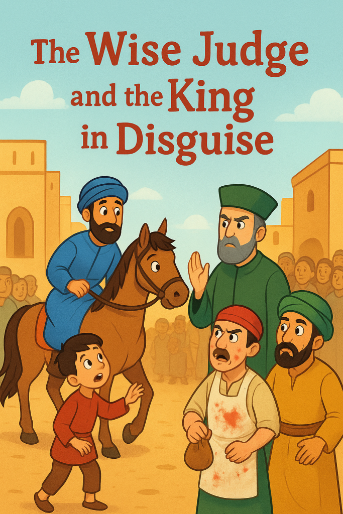 Illustrated scene from The Wise Judge and the King in Disguise: a boy claims a horse from a disguised king, while a wise judge listens and townspeople watch.