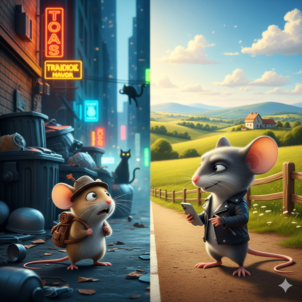 Two Mice, Two Worlds play illustration showing a scared country mouse in a dangerous city, contrasted with a confident city mouse. The image is split, showing a dark, dirty city street on the left and a sunny, green countryside on the right.