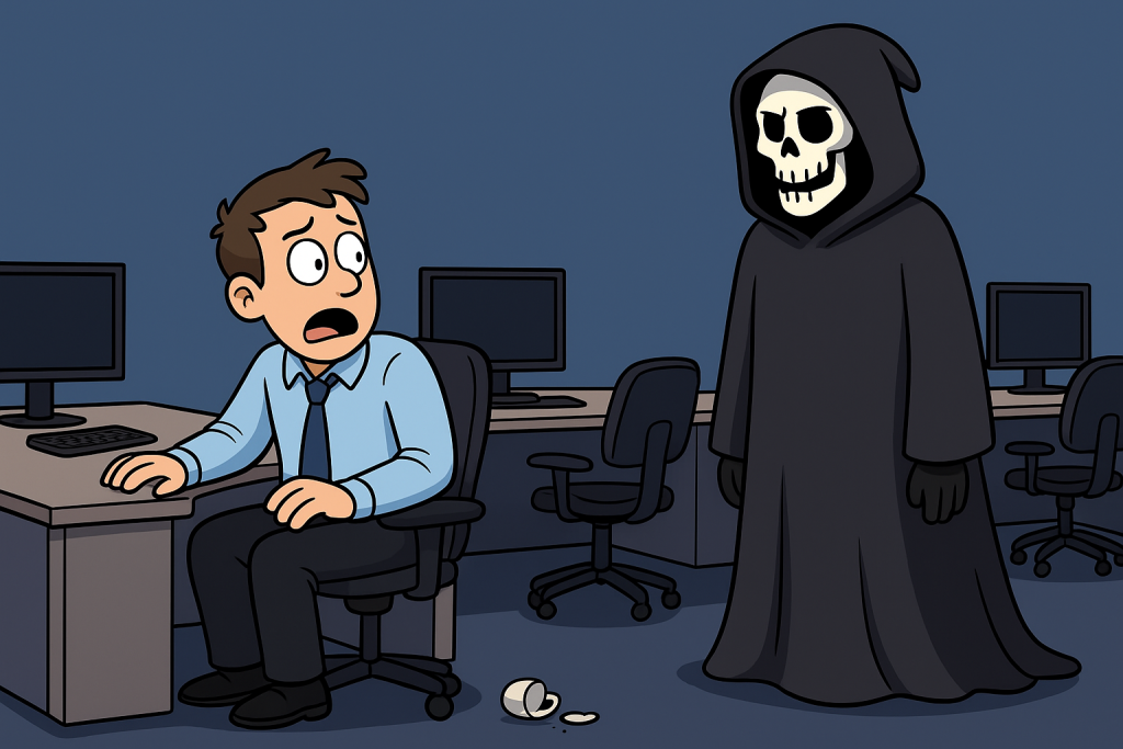 When Death Answers the Call play script – A stressed office worker faces a dark cloaked figure with glowing eyes, symbolizing Death, in a dramatic stage scene.