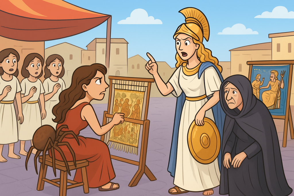 Illustration for the play Arachne and the Goddess of Weaving. Arachne, seated at her loom, defies Athena, who stands angrily beside her, while the chorus and an old woman look on in a Greek marketplace.