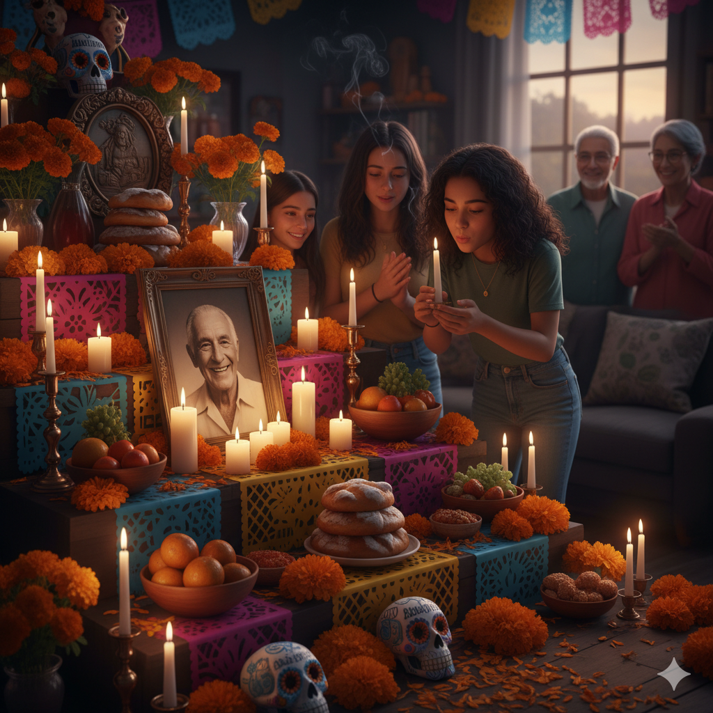 llustration for the play The Spirit of the Day of the Dead, showing a Mexican family celebrating Día de Muertos with candles, marigolds, and a colorful altar.