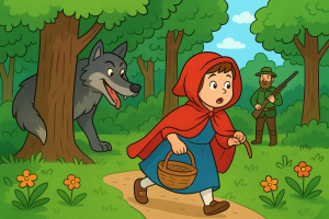 Little Red Riding Hood and the Wolf’s Trick - Little Red Riding Hood walks through the forest holding a basket, unaware that a cunning wolf is hiding behind a tree.