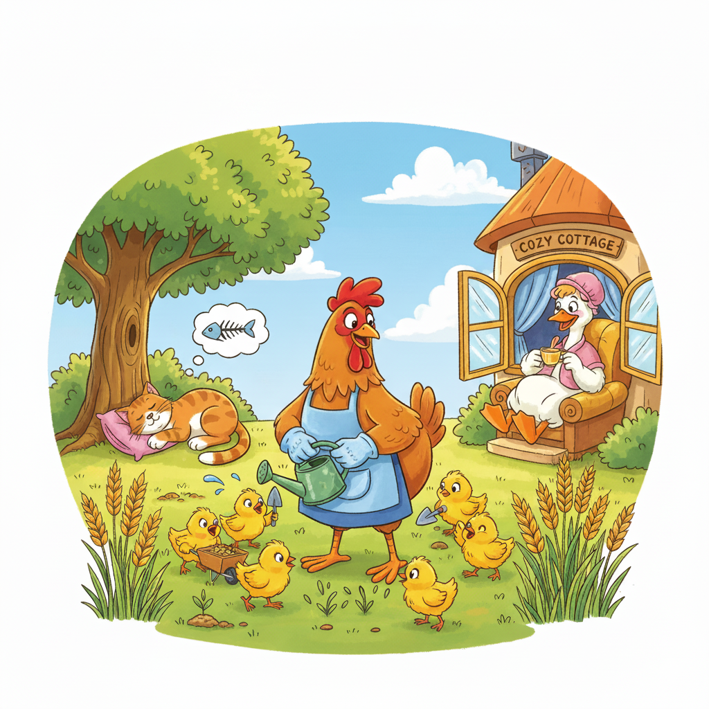 Mary the Hen and the Loaf of Reward. A cheerful cartoon illustration based on The Little Red Hen. In the foreground, the hardworking Mary the Hen wears an apron and is watering a patch of growing wheat with a small blue watering can. Her six yellow chicks are busily helping her with tiny tools and a wheelbarrow. To the left, Mr. Cat is lazily stretched out on a pink pillow under a tree, a thought bubble above his head showing a fish skeleton, indicating he is dreaming of food rather than working. To the right, Mrs. Duck is sitting comfortably inside her cozy cottage window, sipping tea and relaxing. The image perfectly contrasts the effort of Mary and her chicks with the laziness of her neighbors.