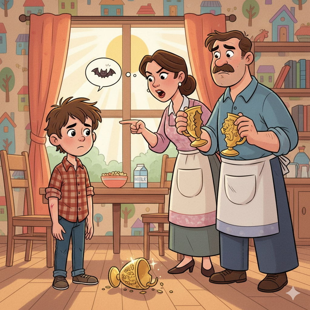 Michael Liar: The Boy Who Itched for the Truth. This illustration shows a young boy, Michael, looking guilty and downcast, standing in a brightly lit kitchen. His mother, wearing an apron, points an accusatory finger at him with a stern expression, while his father, also in an apron, holds the two broken pieces of a gold cup, looking dismayed. On the floor between them lies the shattered gold cup. In a thought bubble above Michael's head, there's a silhouette of a bat, referencing his earlier lie. The kitchen has patterned wallpaper depicting houses, and sunshine streams through a window.