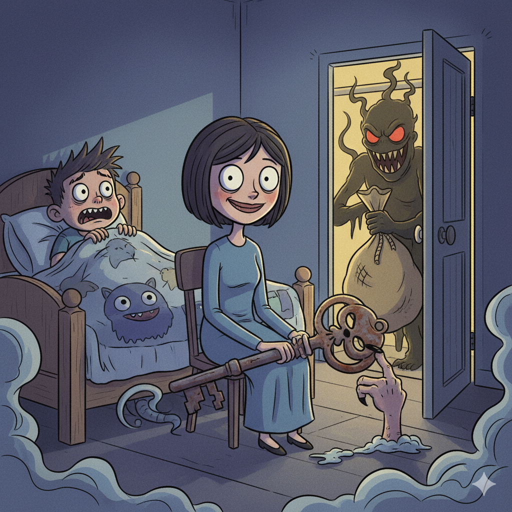 The Boogeyman's Lullaby illustration of a terrified boy in bed and an unsettling babysitter beside him, with a dark, skeletal hand reaching out from under the bed.