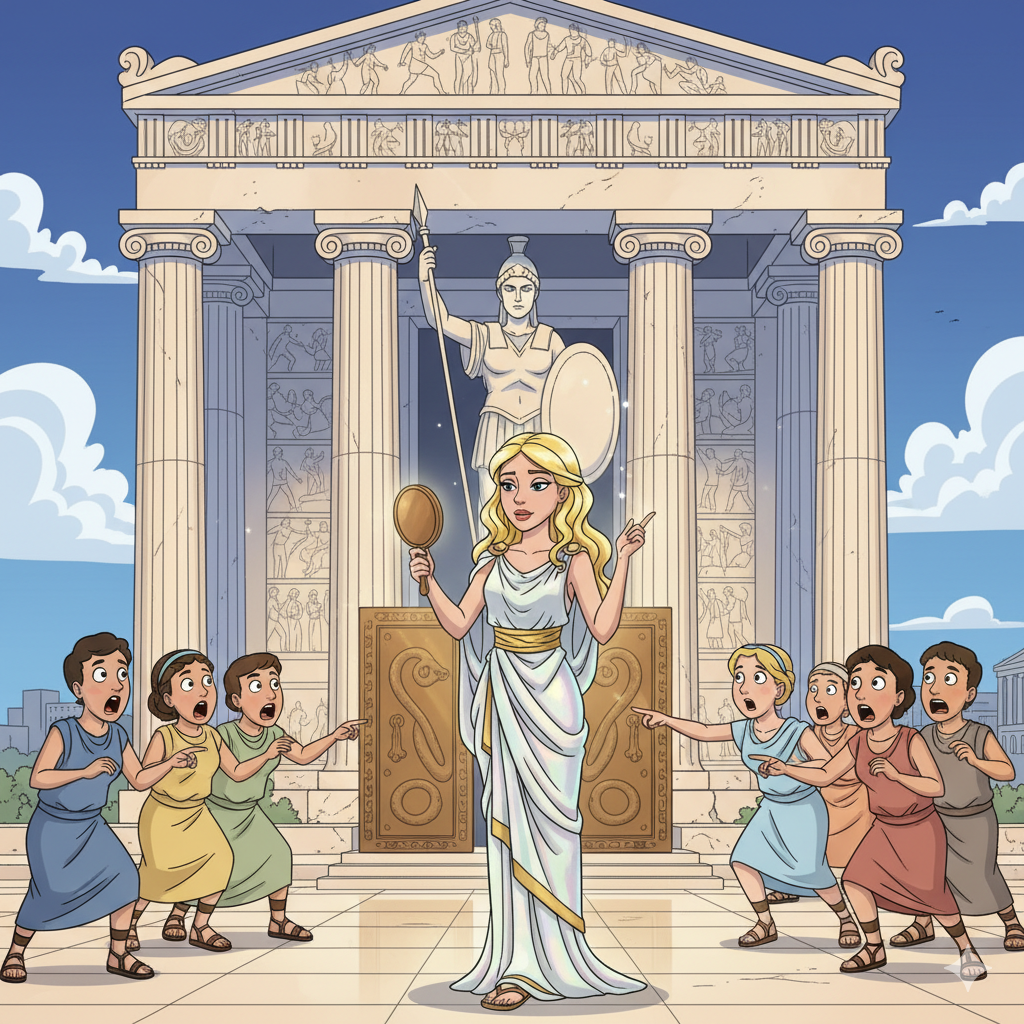 The Curse of Vanity: Medusa and Athena. A cartoon illustration of a beautiful, blonde Medusa in a white and gold toga, holding a hand mirror and admiring herself in front of the Parthenon. Surrounding her, two groups of people point and gasp in shock and fear at her arrogance. In the background, a large statue of Athena stands watch.