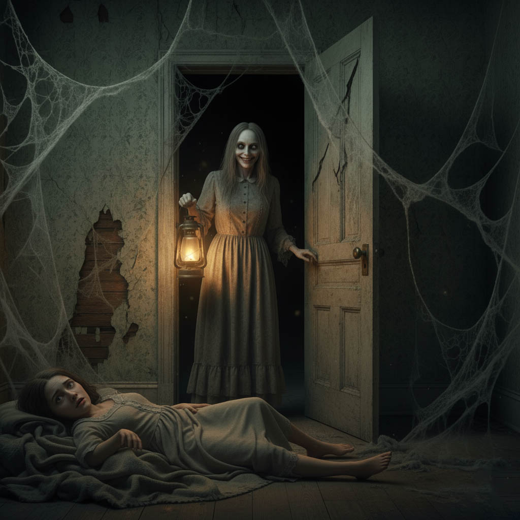 A highly dramatic image for the play, "The Echo in the Walls." In the foreground, Dianne, a young woman, lies prone and terrified on a dusty blanket covering a wooden floor, looking up in sheer panic. In the background, looming over her and framed by an ajar, rotting doorway, stands the Mother. The Mother wears a tattered nightgown and holds a flickering oil lamp, which casts long, sickly shadows. Her face is drawn into a wide, unnatural, chilling grin, and her eyes are black voids. The room is derelict, with peeling, stained wallpaper and cobwebs, suggesting the terrifying reveal that the bedroom is a decaying trap.